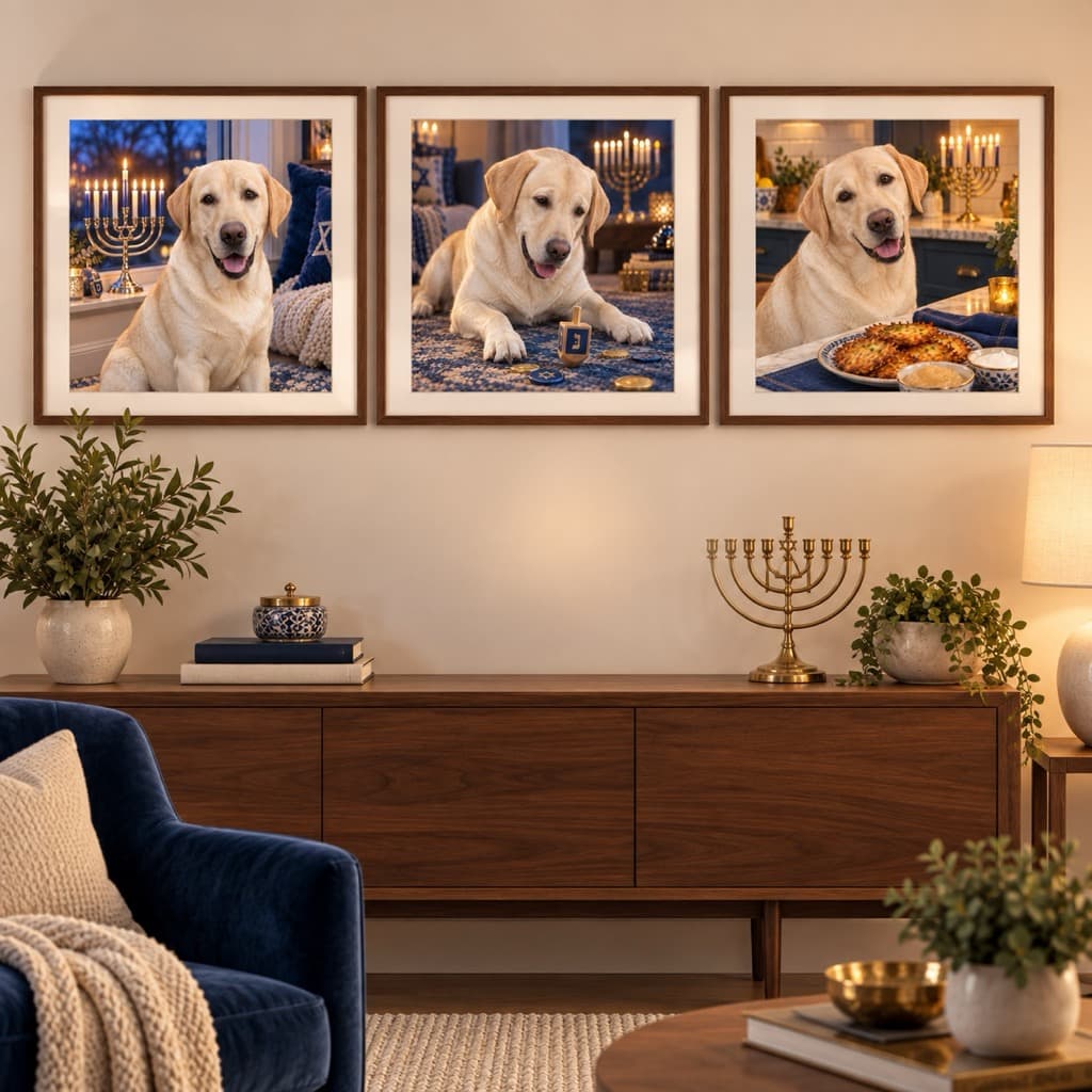 Festival of Lights wall art set framed and hung in a hanukkah