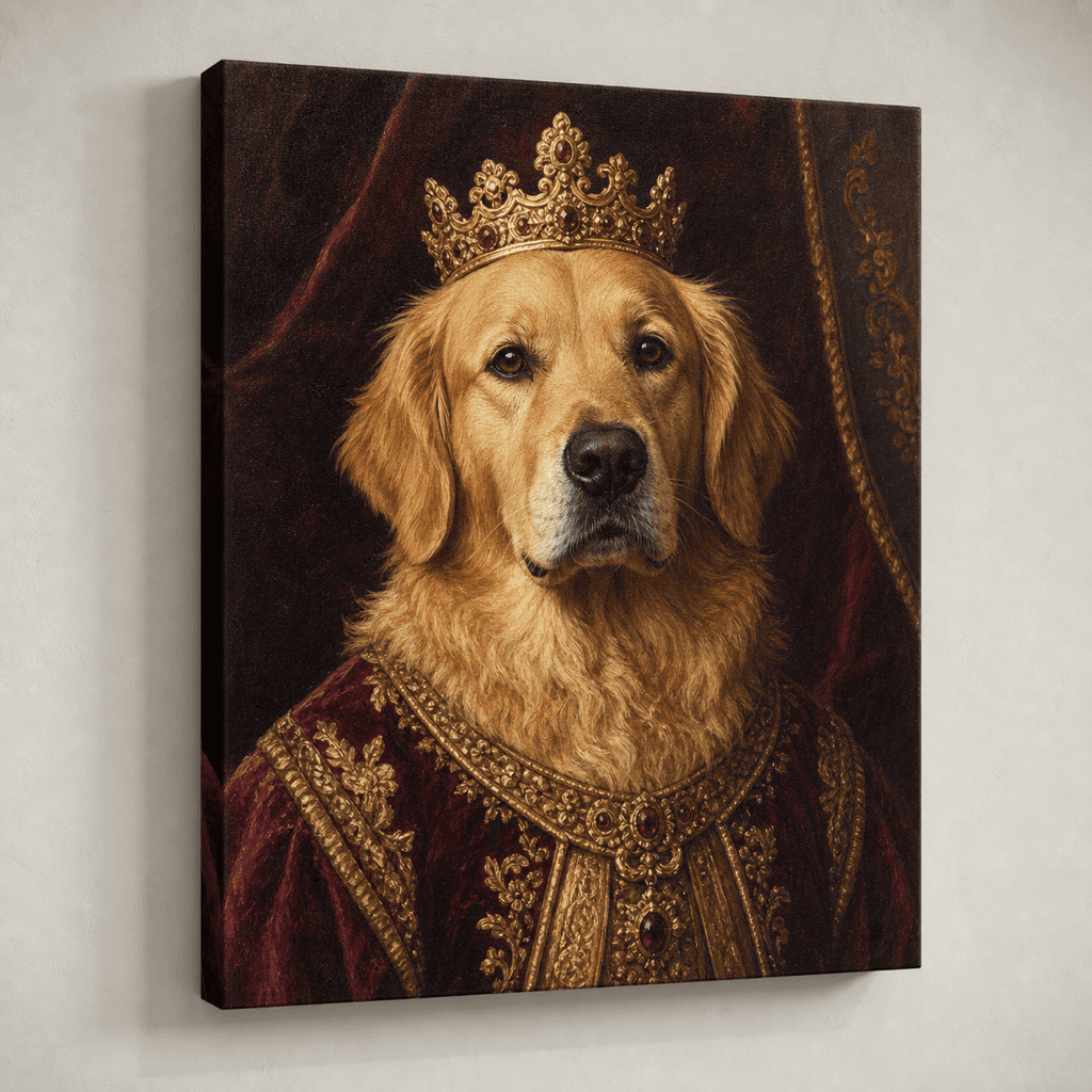 A royal golden retriever portrait printed on a gallery-wrapped canvas