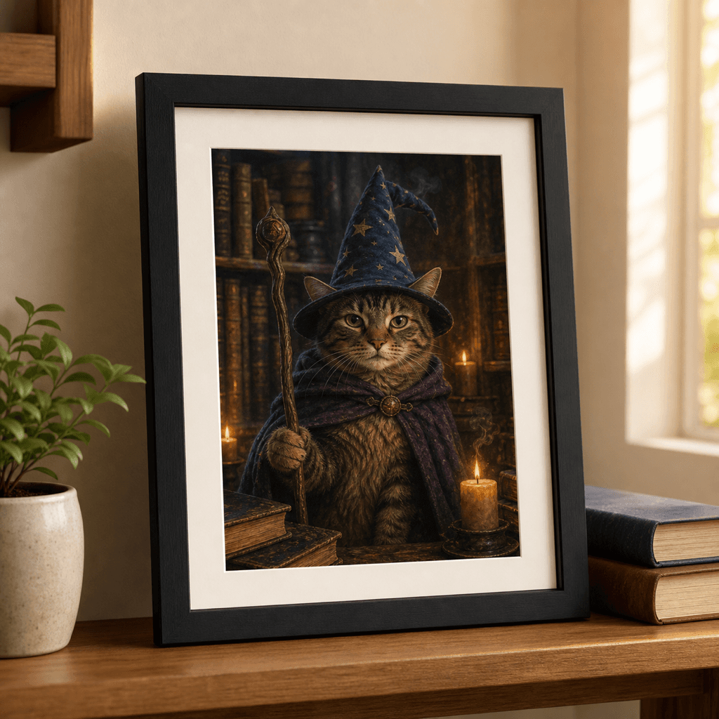 A finished custom cat portrait displayed in a black frame