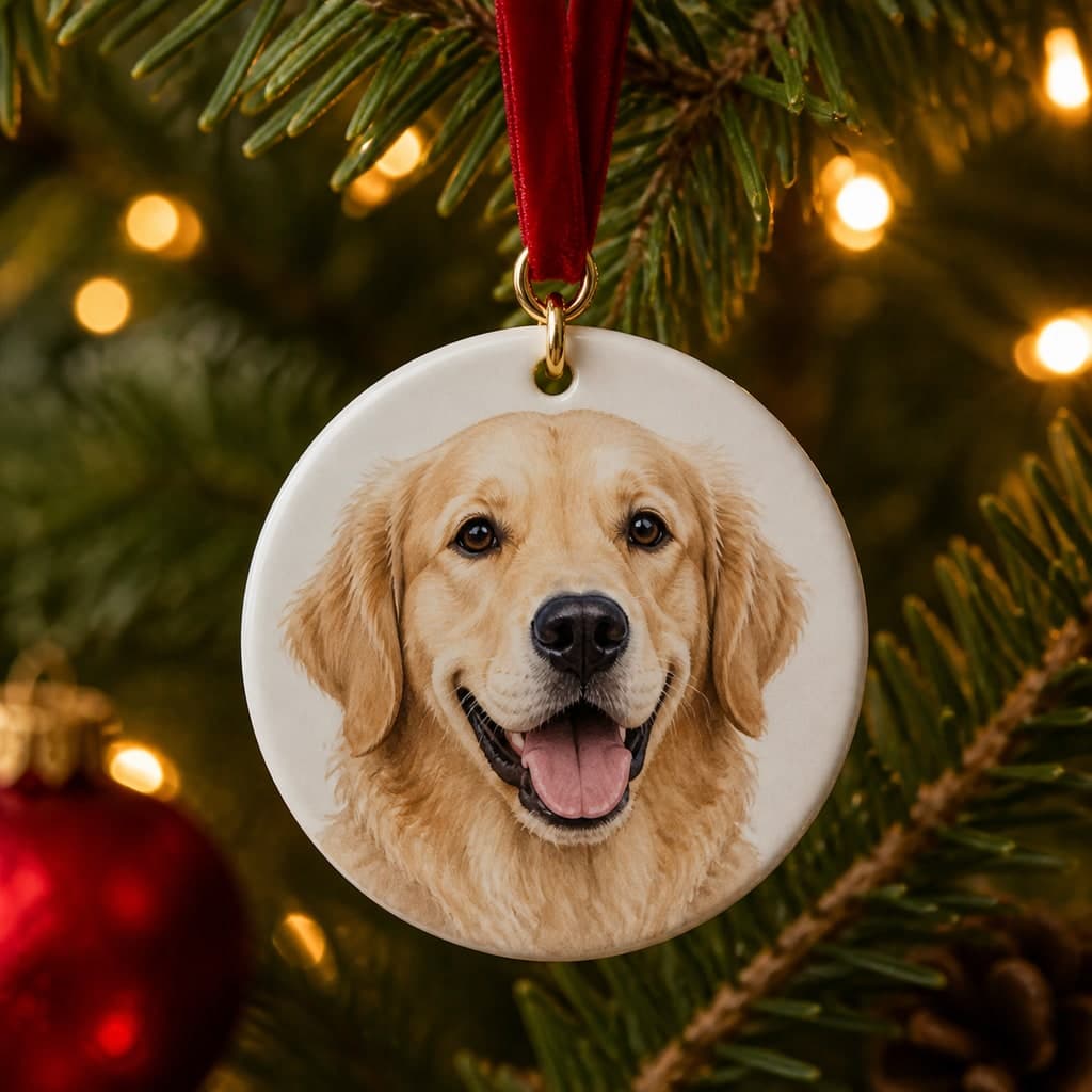 A round ceramic Christmas ornament printed with a custom golden retriever portrait
