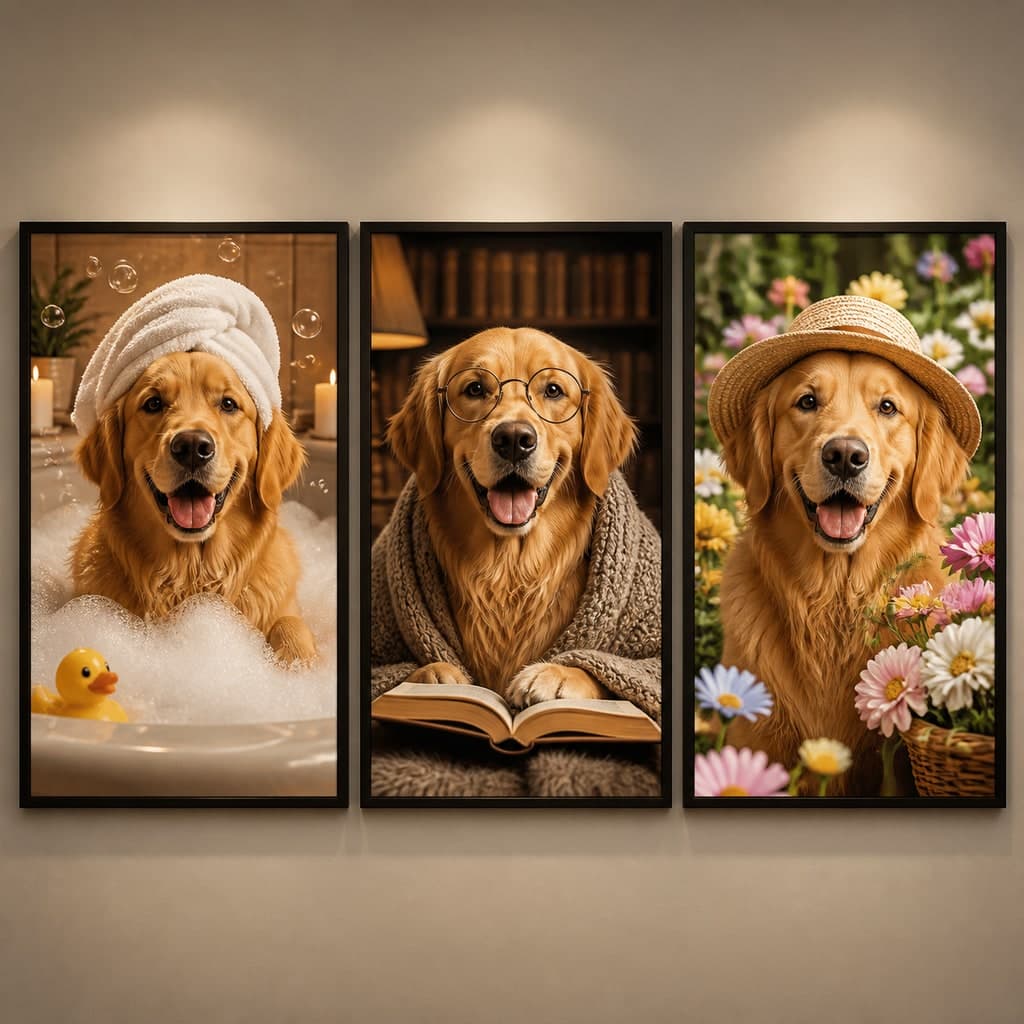 Three coordinated framed portraits of the same golden retriever