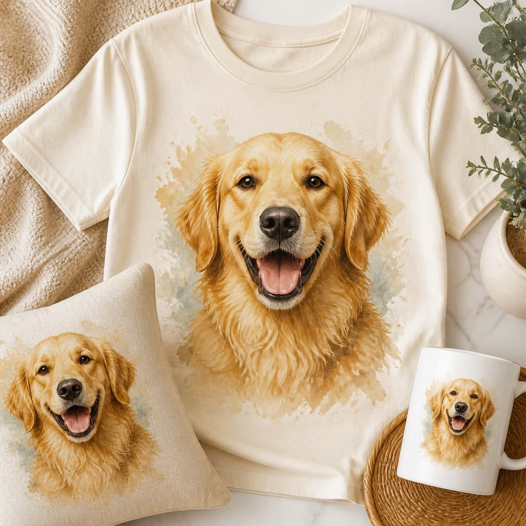 Matching shirt, pillow, and mug printed with a custom golden retriever portrait