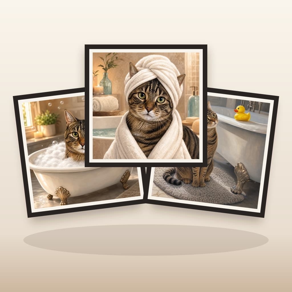 Three coordinated Bath Time custom pet wall art panels