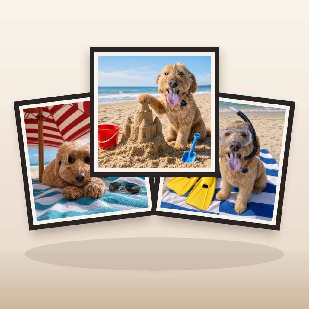 Three coordinated Beach House custom pet wall art panels