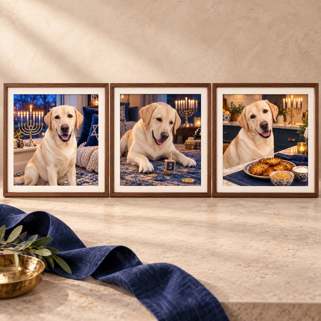 Three coordinated Festival of Lights custom pet wall art panels
