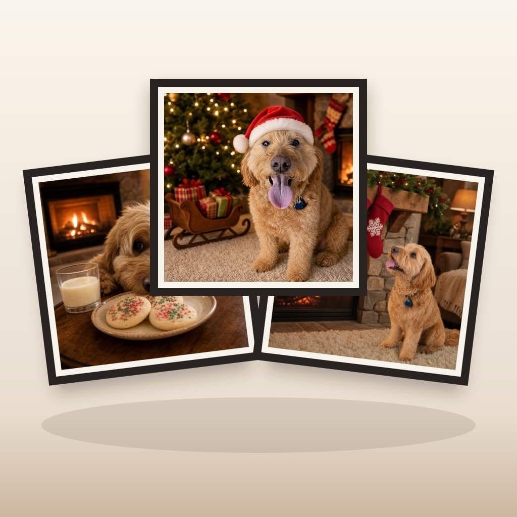 Three coordinated Christmas Pet Portraits custom pet wall art panels