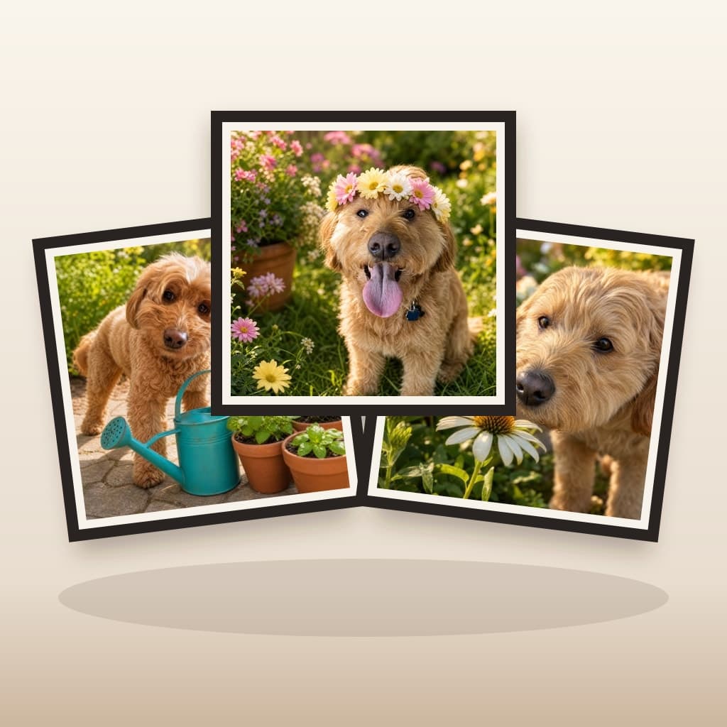 Three coordinated Garden Party custom pet wall art panels