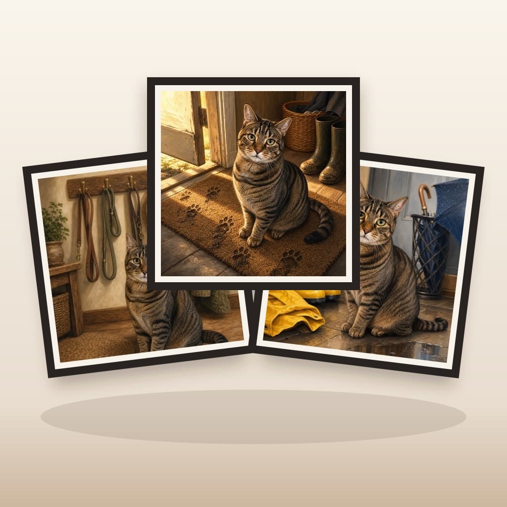 Three coordinated Welcome Home custom pet wall art panels