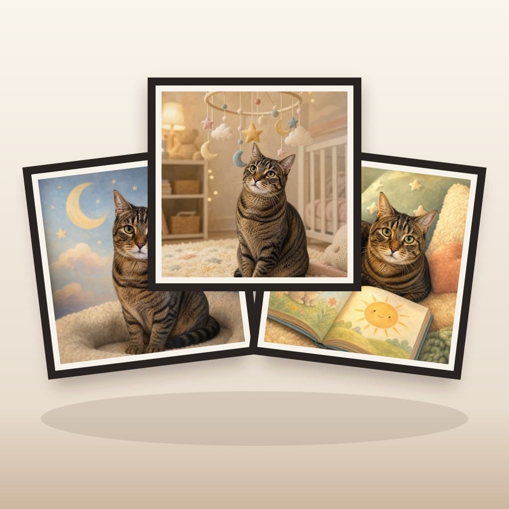 Three coordinated Storybook custom pet wall art panels