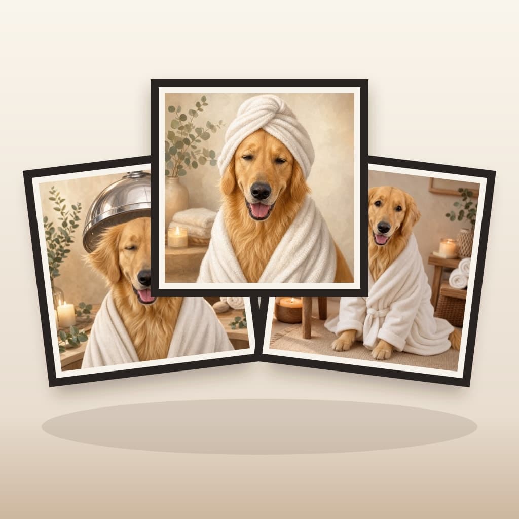 Three coordinated Spa Day custom pet wall art panels