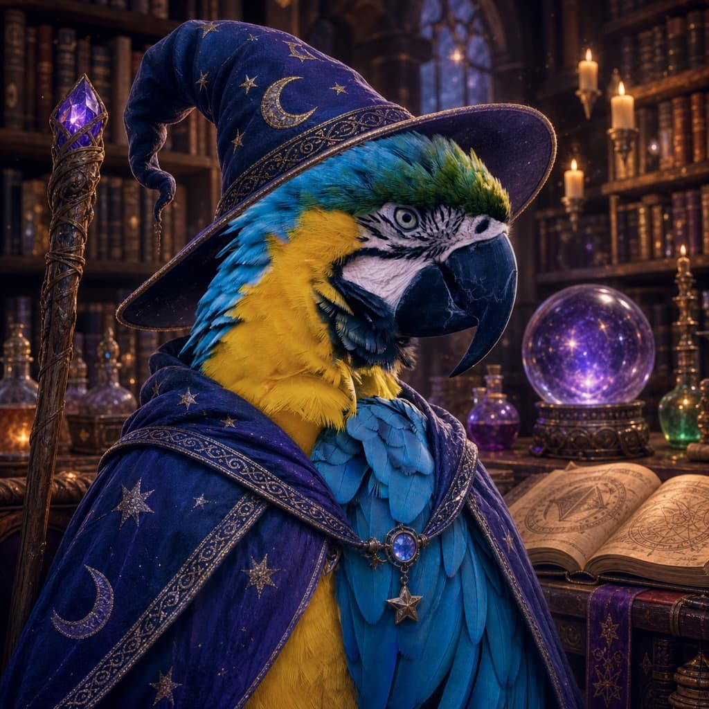 Bird as a wizard — AI pet portrait example
