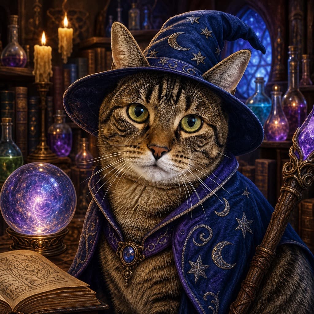 Cat as a wizard — AI pet portrait example