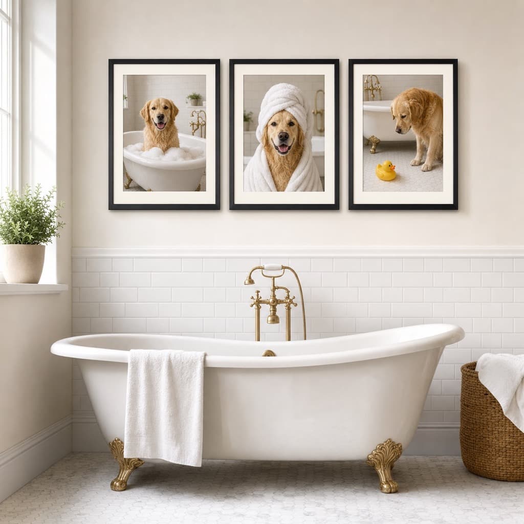 Bath Time wall art set framed and hung in a bathroom
