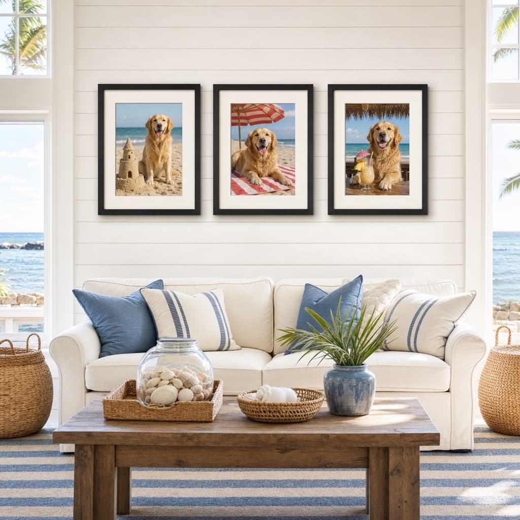 Beach House wall art set framed and hung in a beach