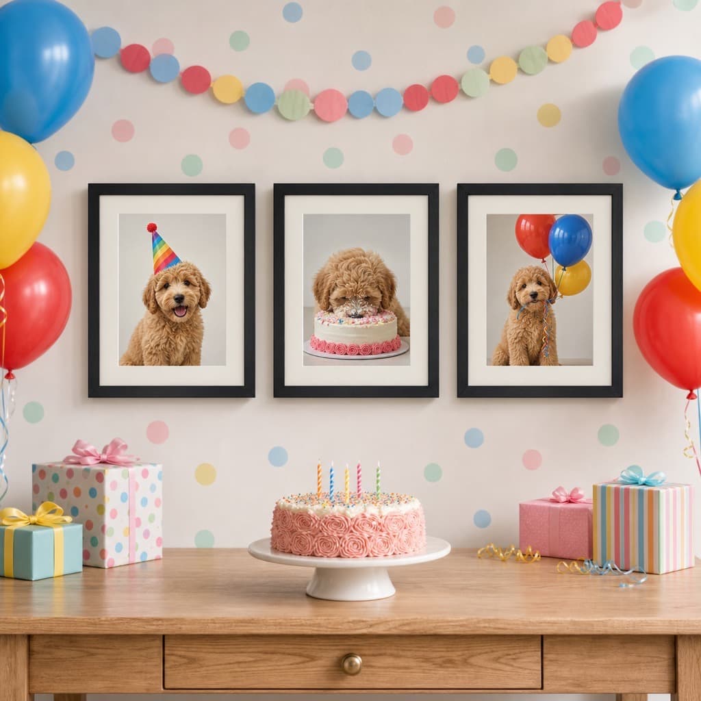 Birthday & Gotcha Day wall art set framed and hung in a birthday