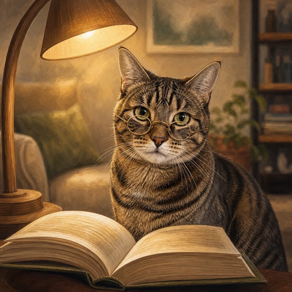 Cat as Book Club — Cozy Evening wall art panel 2
