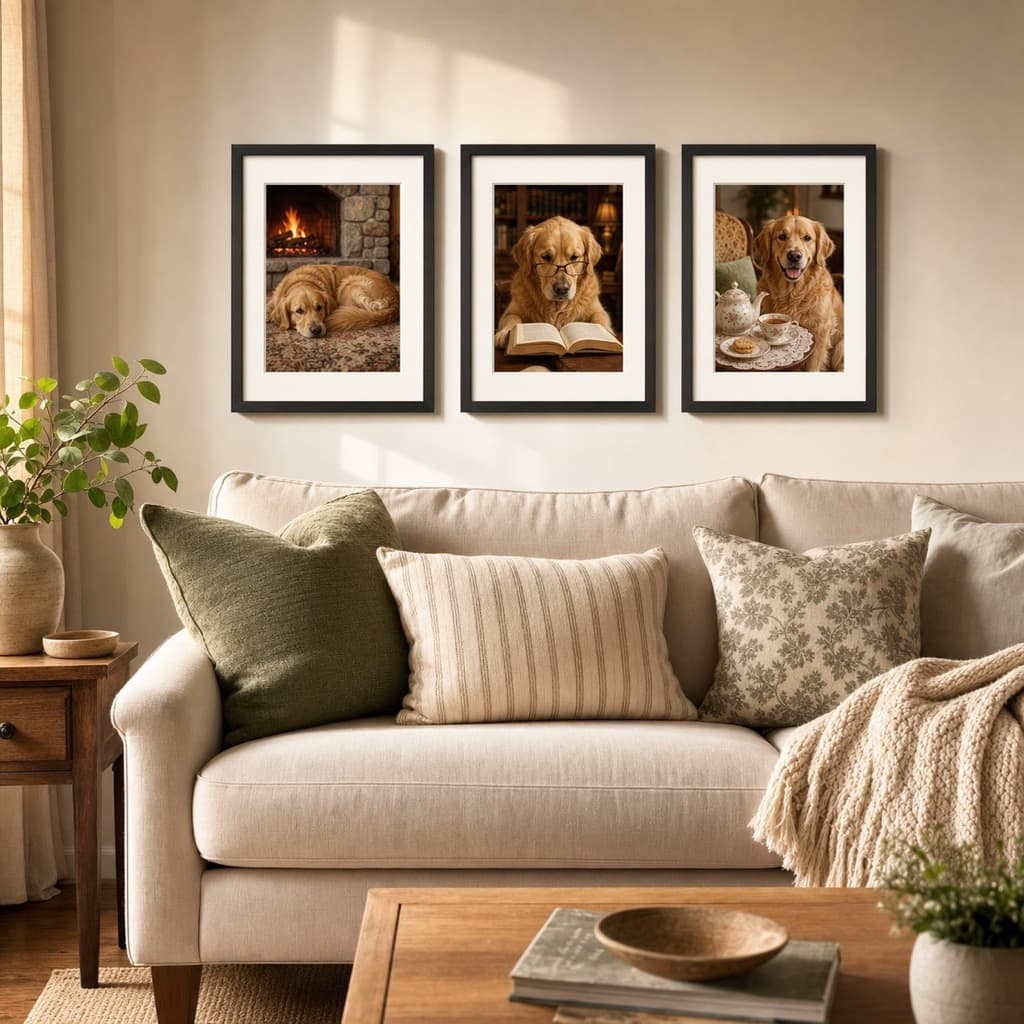 Cozy Evening wall art set framed and hung in a family room