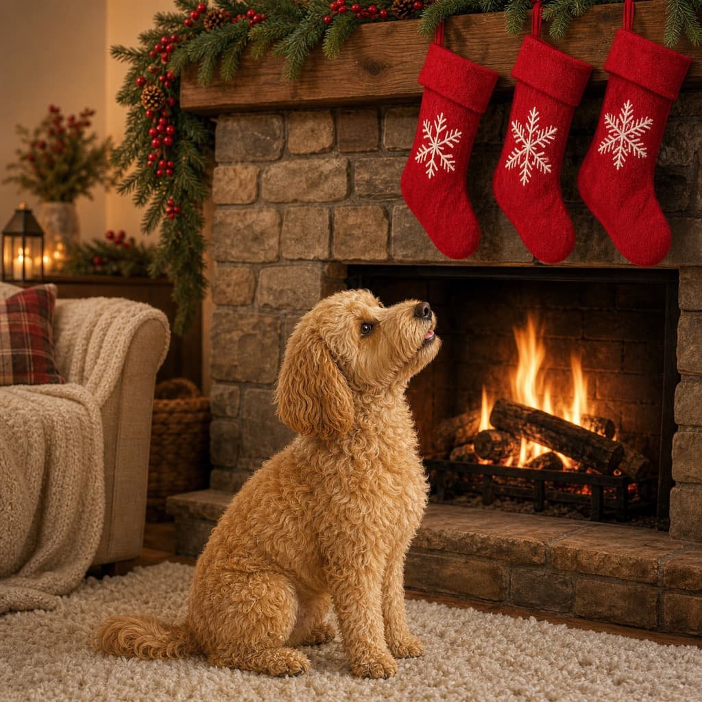 By the Stocking pose option for Christmas Pet Portraits wall art