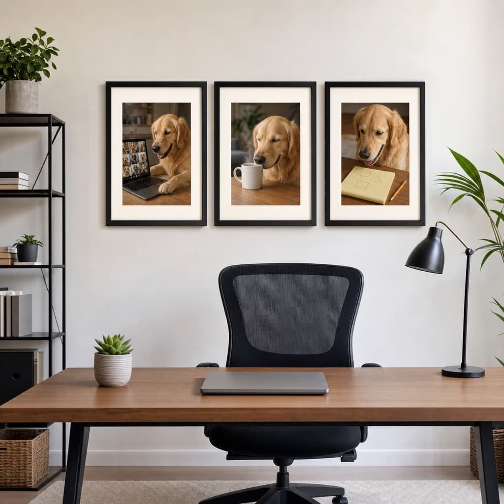 Work From Home wall art set framed and hung in a home office