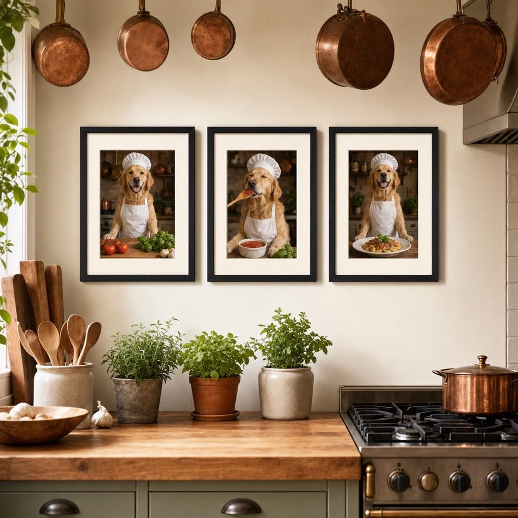 Sous Chef wall art set framed and hung in a kitchen