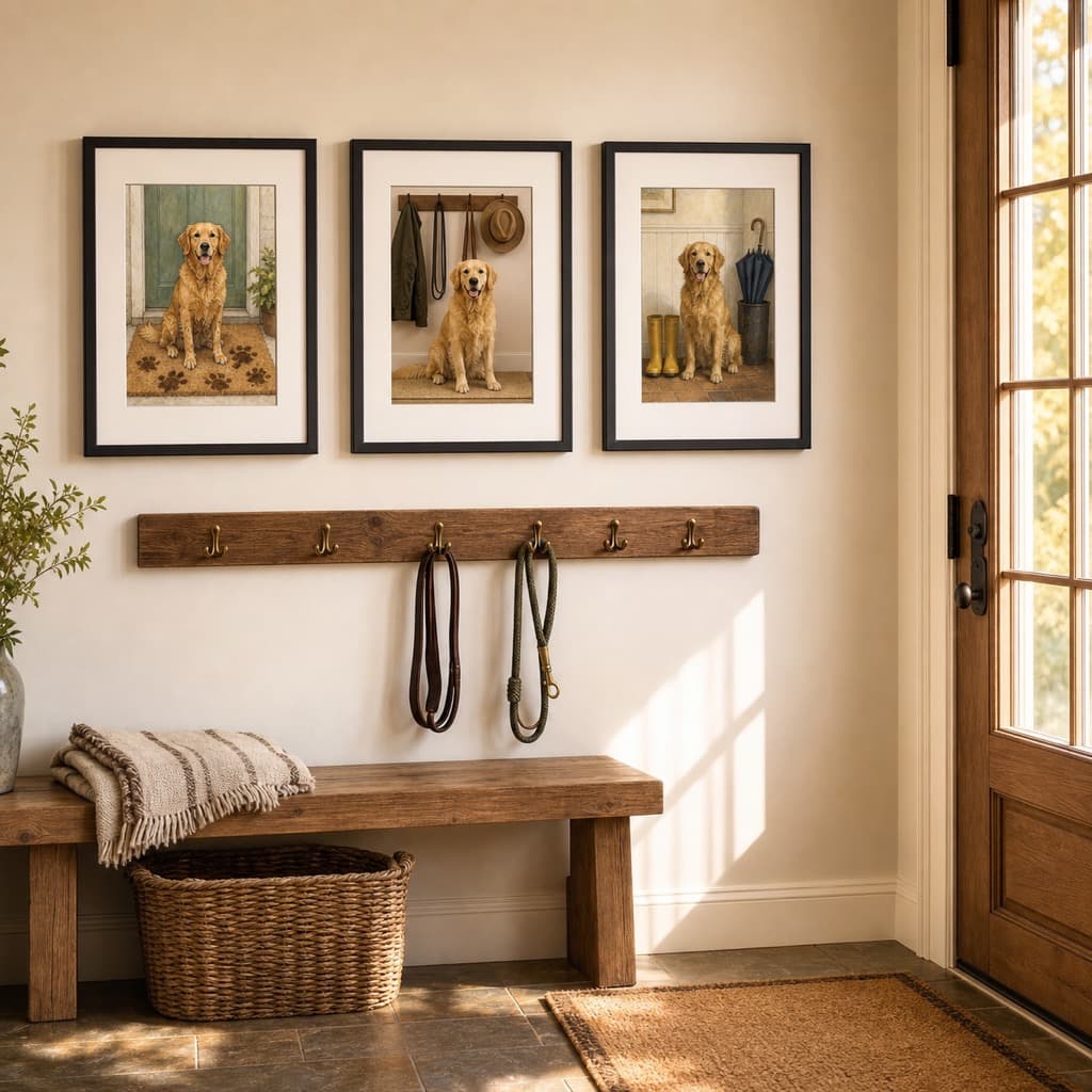 Welcome Home wall art set framed and hung in a mudroom