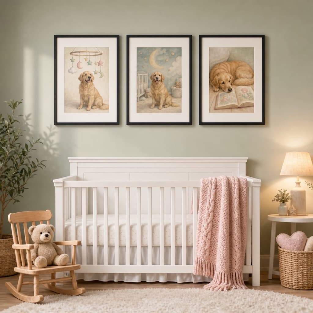Storybook wall art set framed and hung in a nursery