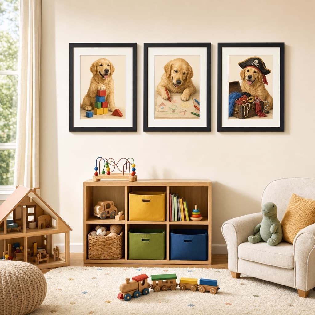 Playtime wall art set framed and hung in a playroom