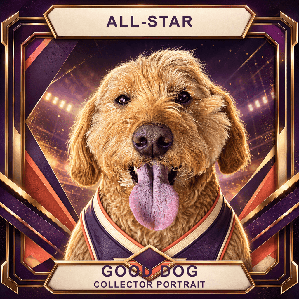 Golden dog shown as an original premium all-star trading card portrait
