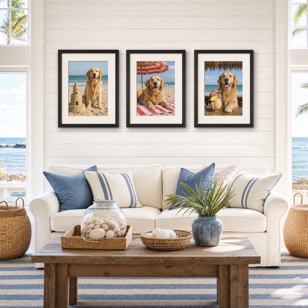 Custom Coastal Pet Wall Art for Beach Houses hung on a wall