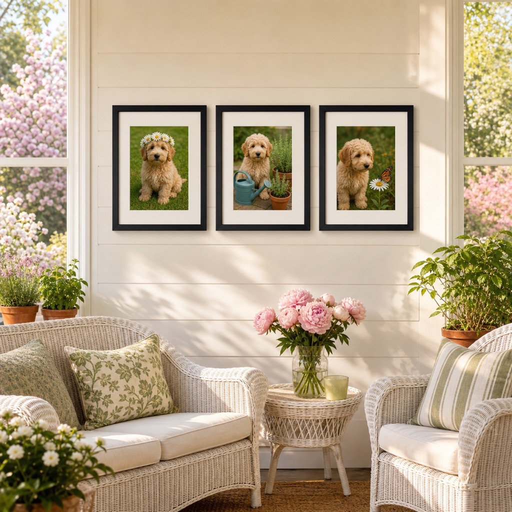 Custom Flower Pet Portrait Wall Art hung on a wall