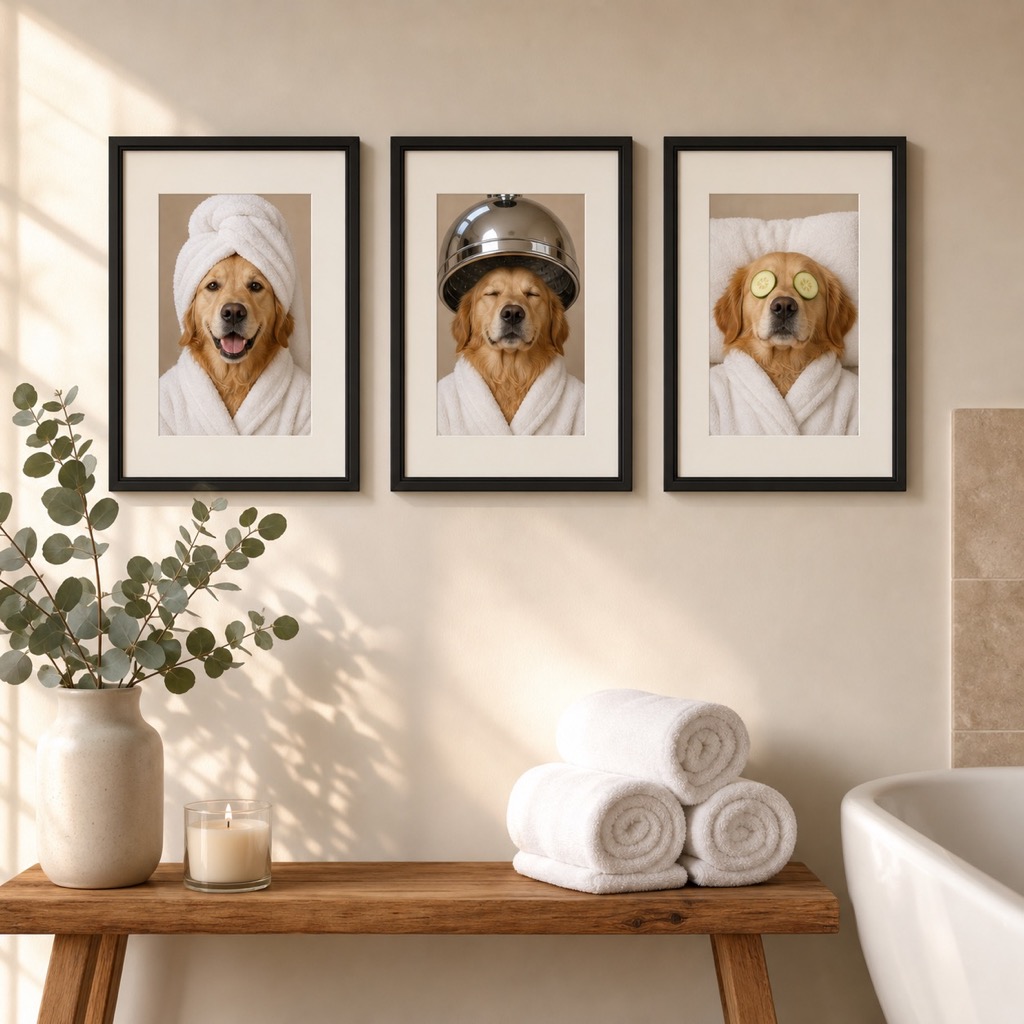 Spa Day three-panel pet wall art shown in a spa day